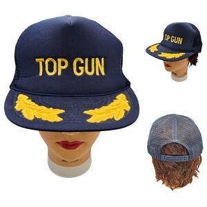 Vintage Top Gun Hat Navy Blue Snapback Trucker Gold Laurel‎ Leaves Mesh Cap NOS